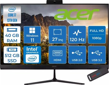 Acer Aspire C27 Intel Core I7-1355U 40GB Ram 512GB SSD Windows 11 Home Iris® Xe Graphics 27" Fullhd IPS 120Hz Siyah All In One Bilgisayar DQBMREM003H22 + Zetta Flash Bellek