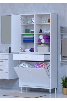 Eliusta Rule Sepetli Banyo/Mutfak Dolabı 70 cm Genişliğe Sahip 70x171x32,5 cm İki Sepetli Beyaz Dolap