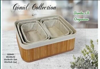 Pembelia Life 5’li Bambu Sepet Naturel Astarlı Çok Amaçlı Saklama Kutusu-Banyo Kozmetik Mutfak Dolap Orgenizeri