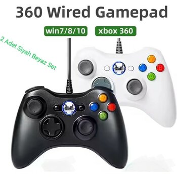 Xbox 360 Kablolu Oyun Kolu (Bilgisayar Pc ve Xbox 360 Slim Uyumlu) - Siyah - Beyaz