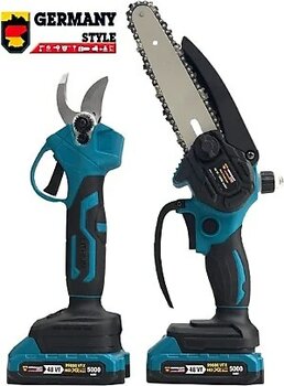 Germany Style Grm 99880 Çift Akülü 2 Li Set Şarjlı Ağaç Dal Kesme ve Budama Makası Testere
