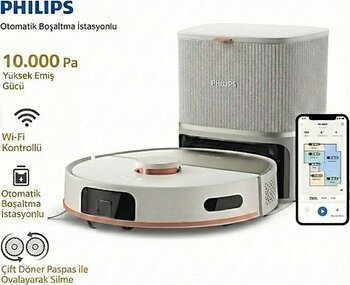 Philips 10.000 Pa Yüksek Emiş Gücü ve Çift Döner Paspaslı Robot Süpürge Kendi Kendini Boşaltan Istasyonlu Leke Çıkarıcı Mop Teknolojisi ve Lazer Navigasyon - Beyaz