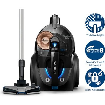Philips 7000 Serisi Marathon Daily Torbasız Elektrikli Süpürge, 750W, PowerCyclone 8, Alerji Kilit Sistemi, CarpetClean Başlık, XB7150/07 - Siyah