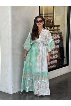 Ranasubaşı IBN-4029 Belden Büzgülü İthal Elbise Yeşil Standart Beden