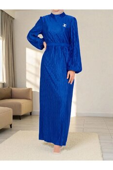 Modamorfo Kemerli Pliseli Saten Elbise -Saks 38 Beden