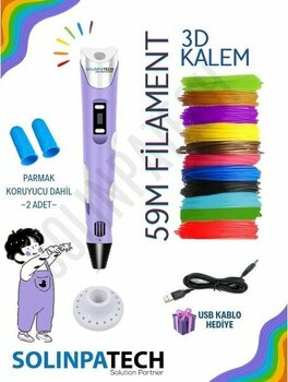 Solinpatech MOR 3D Kalem 3D Pen USB Kablolu Üç Boyutlu Yazıcı Kalem Printer(Çok Renkli Filament - 59METRE) - 59 metre