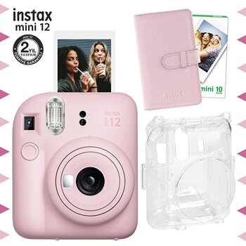 Fujifilm Instax Mini 12 Pembe Fotoğraf Makinesi 10'lu Film Laporta Albüm ve Şeffaf Kılıf Seti
