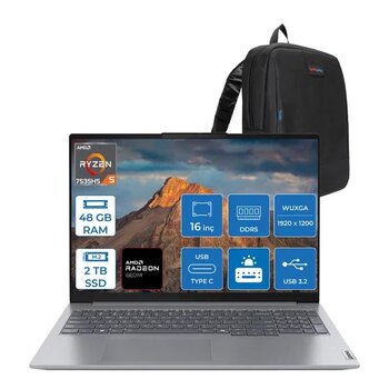 Lenovo Thinkbook 16 G7 Ryzen 5 7535Hs 48Gb Ddr5 2Tb Ssd Amd Radeon 660M 16" Wuxga Ips 300Nıts Freedos Taşınabilir Bilgisayar 21Mw000ptrf19 + Zetta�