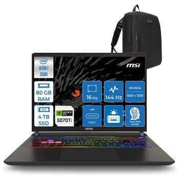 Msı Vector 16 Hx Aı Intel Ultra 7 255HX Aı 80GB Ddr5 4tb SSD 12GB/RTX5070TI/140W Freedos 16" Fhd+ 144Hz Taşınabilir Bilgisayar 091XTRF24 + Zettausb