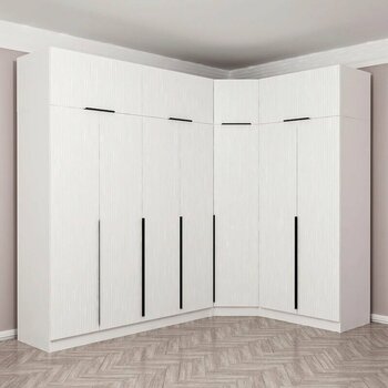 Kaleplus 7 Kapaklı 2 Çekmeceli Köşe Dolap + Yüklük Beyaz Mebran Beyaz Çizgili 255cm Beyaz