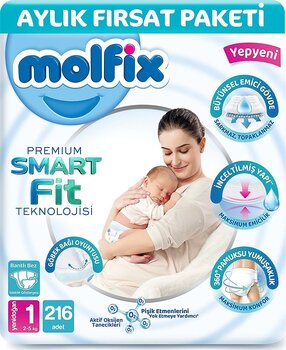Molfix Premium Smart Fit 1 Numara Yenidoğan 72'li 3 Adet Bebek Bezi