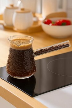 Entude Kahve Çekirdeği Saplı Cam Cezve 400 ML - Çeyizlik Damla Model, Isıya Dayanıklı Hediyelik Cezve