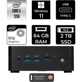MSI Msı Cubi Nuc Core 5 120U 64GB RAM 2TB SSD Win11 Home 1MG238BEUP379 Mini PC + Per4 USB - Windows 11 Home