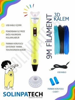 SolinpaTech Sarı 3d Kalem 3d Pen 3 Boyutlu Yazıcı Kalem 3 Renk 9 Metre Filament Usb Kablo