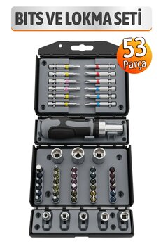Badem10 53 Parça Cırcırlı Tornavida Bits ve Lokma Seti S2 Çelik Uçlu Cr V Lokma Ev ve Profesyonel Tamir Seti