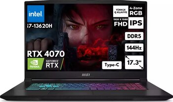 MSI Katana 17 i7-13620H 8GB 512 GBSSD RTX4070 (8GB) 17.3" FHD 144Hz Windows 10 Home Gaming Laptop B13VGK-1030XTRHMF96