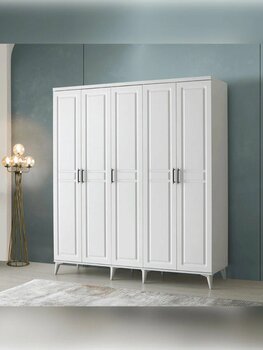 MaceraMobilya Modern 5 Kapaklı Komple Beyaz MDF Gardırop Genç Odası ve Yatak odası dolabı