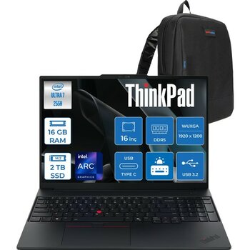 Lenovo Thinkpad E16 Gen 3 Intel Core Ultra 7 255H 16GB Ddr5 2tb SSD Freedos Intel Arc 140T 16 Inç Wuxga (1920 x 1200) IPS 300NITS Taşınabilir Bilgi...