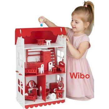 Wibo Lüks 3 Katlı Ahşap Oyuncak Bebek Evi 32 Parça | Doğal Ahşap | Mobilyalı Çocuk Oyun Seti - Kırmızı