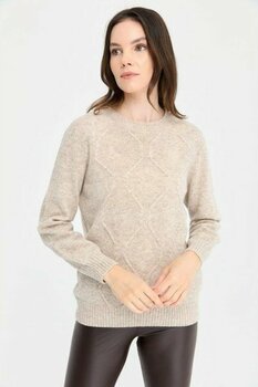Desen Triko Kadın Sıfır Yaka Dikişsiz Önü Baklava Örgü Yün Kazak 24217 V.bej - Bej - XL
