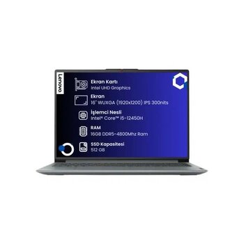 Lenovo Ideapad Slim 3 16IAH8 Intel Core I5-12450H 16GB 512GB SSD 16" Wuxga (1920X1200) IPS Panel Freedos Taşınabilir Bilgisayar 83ES0034TR - Gri