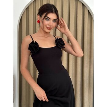 Tiana Matilda Gül Ip Askılı Elbise - Siyah - L