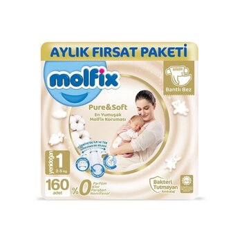 Molfix Pure&soft Bantlı Bez 1 Numara Yenidoğan 160 Adet Süper Fırsat Paketi