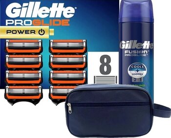 Gillette Proglide Power 8 li Tıraş Bıçağı Karton Paket + Proglide 200 ML Jel + Seyahat Çantası