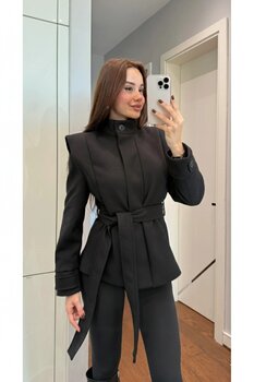 My Blog Siyah Vatkalı Kaşe Kuşaklı Ceket - 1001 S Beden