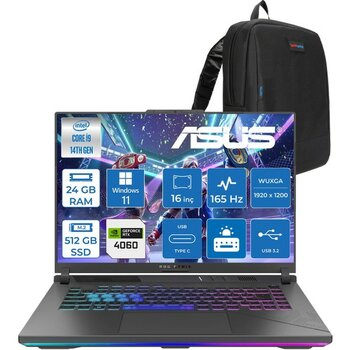 Asus Rog Strix G16 G614JVR 14. Nesil Intel I9-14900HX 24GB Ddr5 512GB SSD RTX4060/8GB 140W 16 Inç (1920 x 1200, Wuxga) 165Hz IPS WIN11HOME Gaming B...