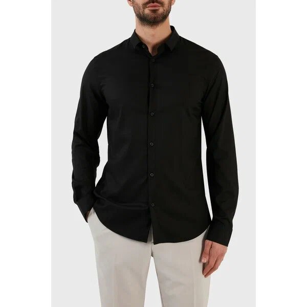 Armani Exchange Uzun Kollu Regular Fit Düz Yaka Siyah 2XL Uzun Kol Gömlek