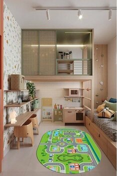 Evdeya Trafik Yollu Arabalı Yıkanabilir Eğlendirici Oval Çocuk Odası Oyun Halısı, O-Çocuk-47-Yeşil, - Yeşil - 80 x 300 cm