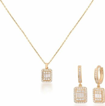 Baget Taşlı Altın Kaplama İkili Gümüş Set