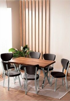 Vianem Kütük Desenli Mdf Krom Elma Mutfak Masa Takımı 6 Sandalyeli Salon Yemek Masa Takımı Kahve - Kahverengi