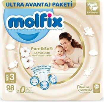 Molfix Pure&Soft Midi 3 Beden Bebek Bezi 98'li