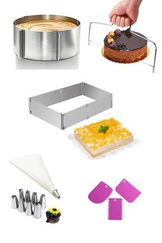 Mirilliahome 7 Parça Ayarlanabilir Çelik Kek Kalıbı Seti, Yuvarlak Ve Kare Kek Kalıbı, Kesme Teli, Krema Torbası