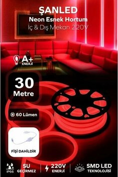 Neon Esnek Hortum Şerit LED Kırmızı Rengi + 220V FIŞ/1,2,3,4,5,10,15,20,25,50,100 Metre - 30 m