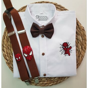 Cool Bebe  Örümcek Adam Konseptli Askı Papyon Gömlek - 13K-Kahverengi - 5 Yaş