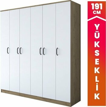Rani BA114 Geniş Gardırop Elbise Dolabı 6 Kapaklı 16 Raflı 2 Askılı Sepet Ceviz - Beyaz