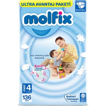 Molfix 4 Beden Bantlı Bebek Bezi 136 Adet 7 - 14 kg Hızlı Emici Teknoloji Ultra Avantaj
