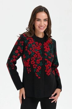 Desen Triko Kadın Dik Yaka Pıtırcık Çiçekli Yün Ceket Siyah XL Beden