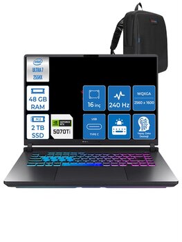 Asus Rog Strix G16 Intel Core Ultra 7 255hx 48gb Ddr5 2tb Ssd 12gb/Rtx5070ti/140w Freedos 16" 2.5k 240hz Wqxga Yapay Zeka Destekli Taşınabilir Bilgisayar G615lrf15 + Zettaçanta