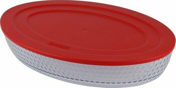 Borart Kırmızı Plastik Kapaklı Petek Desenli Büyük Oval Cam Tepsi