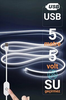 Ema Dükkan 5V USB Beyaz Neon Led Şerit Işık 5 Metre Silikon Esnek Su Geçirmez Dekoratif Aydınlatma