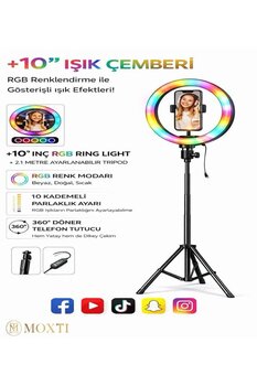 Moxti LED Işıklı Tripod 10 Inç Rgb Halka Youtuber Tiktok Makyaj Işığı Ayaklı Tripot Ring Fill Light