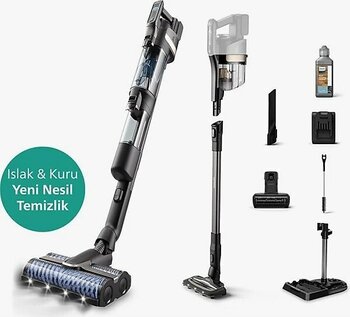 Philips Aqua Trio Yeni 9000 Serisi Islak&kuru Dikey Süpürge, Tek Süpürge 3 Işlem, Otomatik Temizlik, LED Işıklı Başlık - Gri