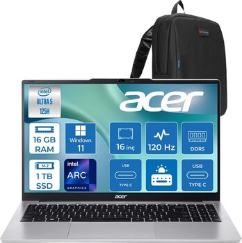 Acer Aspire Lite Al16-71P Intel Core Ultra 5 125H 4.5Ghz 16Gb Ddr5 1Tb Ssd Windows 11 Home Arc Graphics 16" 120Hz Ips Fullhd+ (1920X1200) Taşınabilir Bilgisayar Nxdcley001h03 + Zetta Çanta