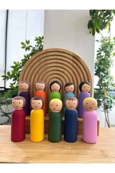 Alf Wood 10 Parça Ahşap Gökkuşağı Aile Figürleri Montessori Oyuncak Seti