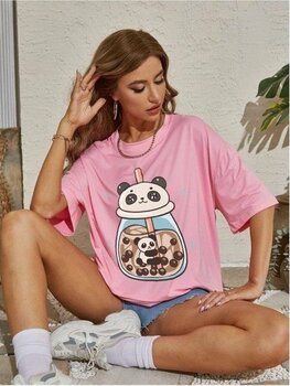 Mercoledi Panda Baskılı Pembe Oversize T-Shirt Salaş Boyfirend - XL