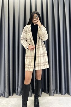 Crep Tek Düğme Ekoseli Ceket - Açık Kahve AÇIK KAHVE M Beden